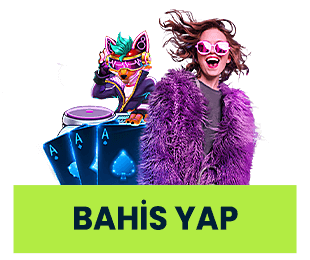 Mor montlu kadın ve DJ karakter oyun kartlarıyla Bahis Yap butonu
